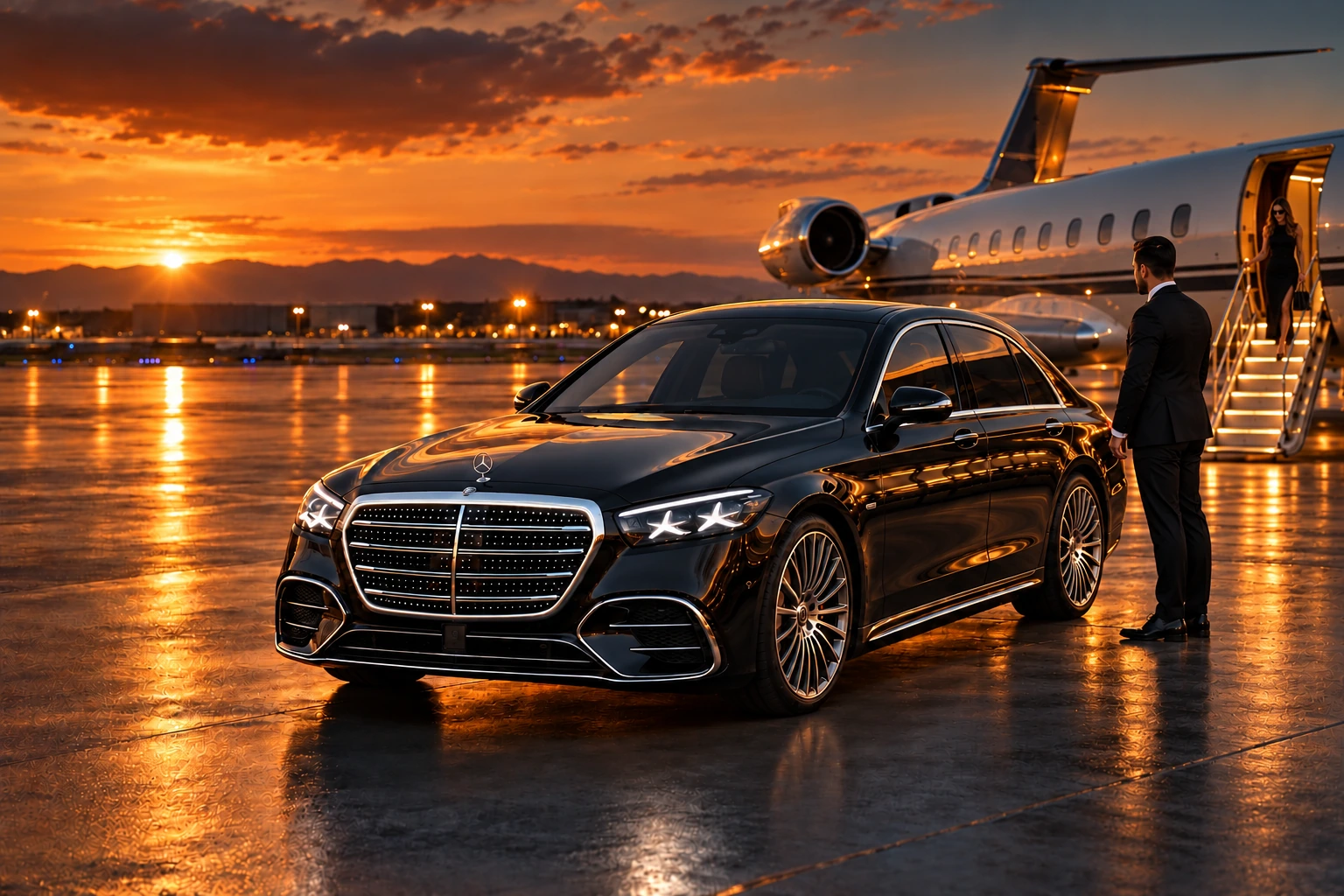 Chauffeur waiting beside a black Mercedes-Benz S-Class as a passenger descends the private jet stairs at sunset; AI-generated illustration
