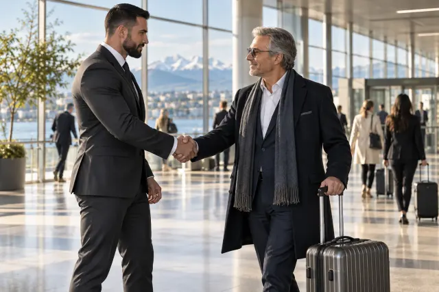 Illustrative bodyguard welcoming an executive with luggage at an airport