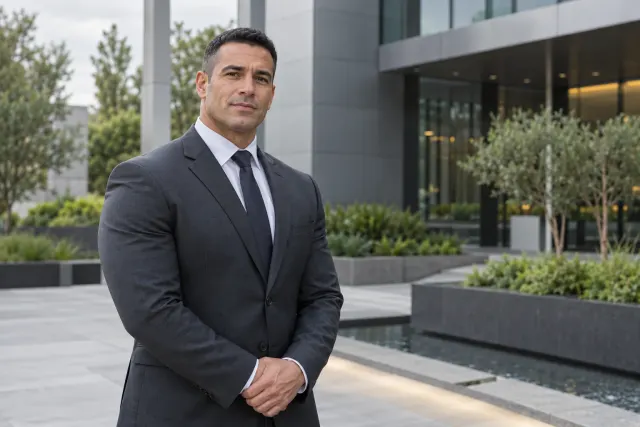 Illustrative private protection professional in a tailored charcoal suit