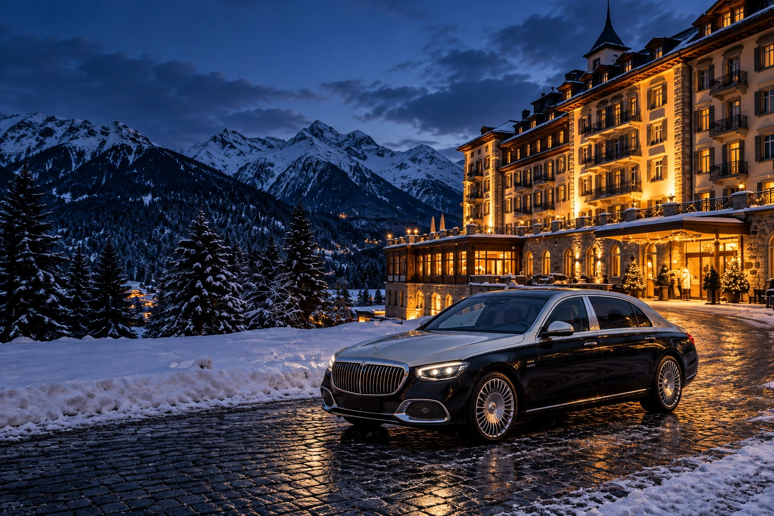 Two-tone Mercedes-Maybach outside an illuminated luxury Alpine hotel on a snowy evening, illustrative Davos chauffeur scene